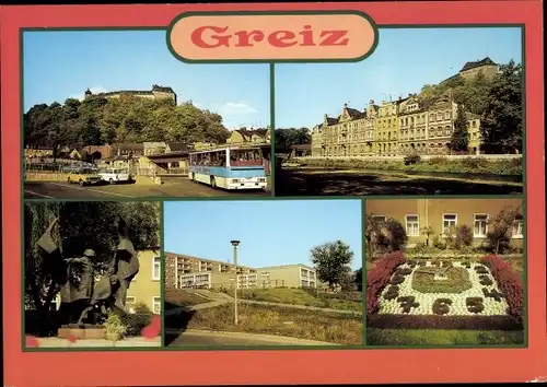 Ak Greiz im Vogtland, Busbahnhof, Elstersteg, Denkmal, Blumenuhr, Neubaugebiet Pohlitz Reißberg