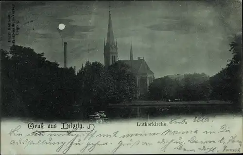 Mondschein Ak Leipzig in Sachsen, Lutherkirche, Nachtaufnahme