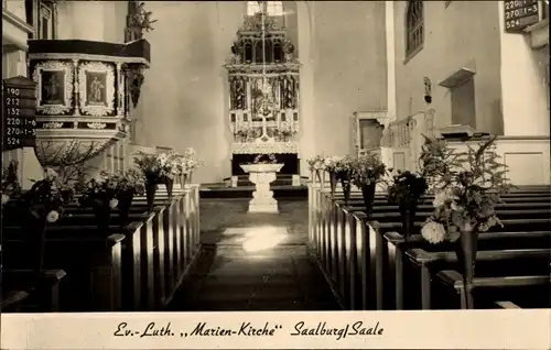 Ak Saalburg in Thüringen, Ev.-Luth. Marien-Kirche, Altarraum, Kanzel