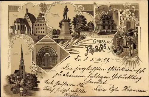 Litho Freiberg in Sachsen, Jacobikirche, Bismarckdenkmal, Dom