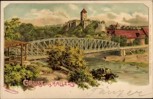 Künstler Litho Spindler, Erwin, Halle an der Saale, Panorama, Brücke