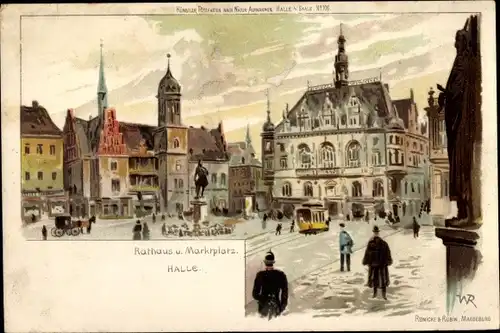 Künstler Litho Halle Saale, Rathaus, Marktplatz, Stadthaus, Roland