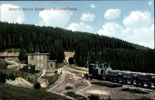 Ak Blankenburg am Harz, Bahnhof Braune Sumpf und Bielsteintunnel, Harz Zahnradbahn