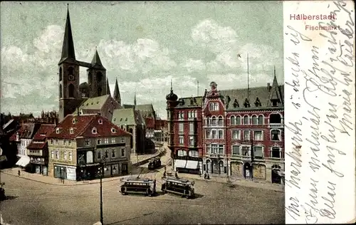 Ak Halberstadt am Harz, Fischmarkt, Straßenbahn