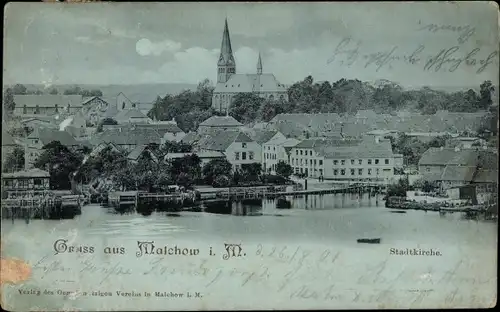 Mondschein Ak Malchow in Mecklenburg, Panorama, Stadtkirche