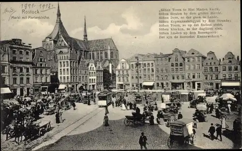 Ak Hansestadt Rostock, Markt mit Marienkirche, Gedicht Söben Toern