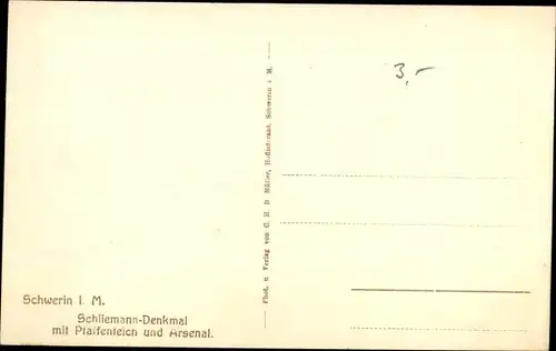 Ak Schwerin in Mecklenburg, Schliemann Denkmal, Pfaffenteich, Arsenal