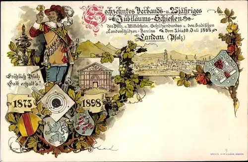 Ganzsachen Wappen Litho Landau in der Pfalz, 16. Verbands u. 25-jähriges Jubiläumsschießen Juli 1898