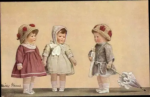 Ak Drei Käthe Kruse Puppen mit Hüten