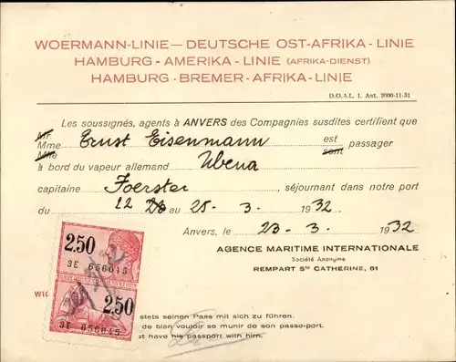 Ak Passagierschein Woermann-Linie, DOAL, Hamburg Amerika Linie, Hamburg Bremer Afrika Linie