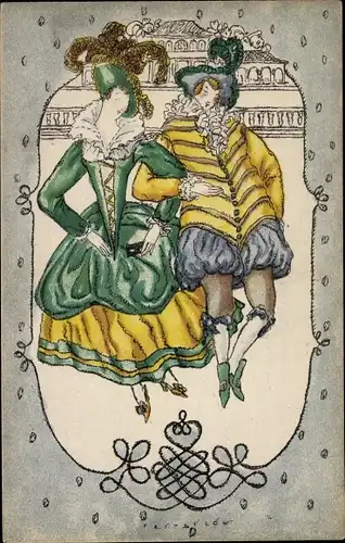 Künstler Ak Löw, Fritzi, Rokoko Mode, Paar, Wiener Werkstätte No. 1002