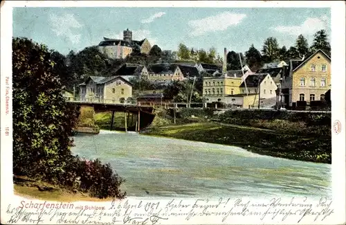 Ak Scharfenstein Drebach im Erzgebirge Sachsen, Schloss, Brücke