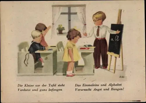 Künstler Ak Wagner, A., Die Kleine vor der Tafel steht, Kinder im Unterricht, Käthe Kruse Puppen