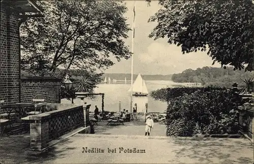 Ak Nedlitz Potsdam in Brandenburg, Gastwirtschaft am Ufer, Terrasse, Segelboote