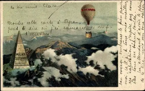 Litho Reklame, Milka, Suchard, Ballon über den Alpen