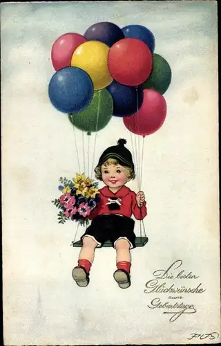 Künstler Ak Baumgarten, Fritz, Glückwunsch Geburtstag, Kind auf einer Schaukel, Luftballons, Blumen