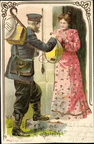 Präge Ak Frohe Ostern, Postbote überreicht Osterei