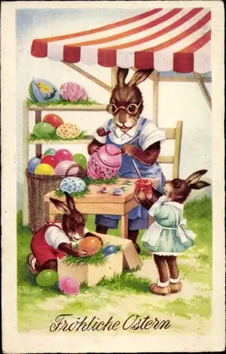 Ak Frohe Ostern, Osterhasen bemalen Ostereier