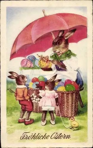 Ak Frohe Ostern, Osterhasen, Marktstand, Ostereier