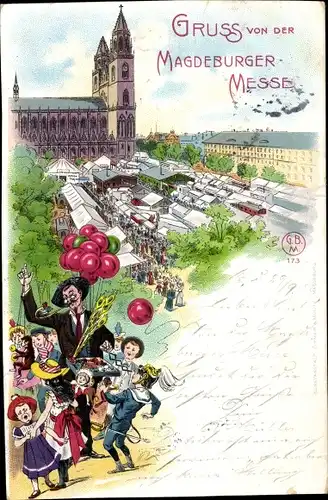 Litho Magdeburg an der Elbe, Messe, Luftballonverkäufer, Dom