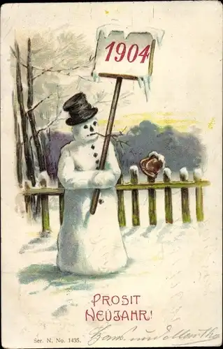 Litho Fröhliches Neujahr, Schneemann, Jahreszahl 1904