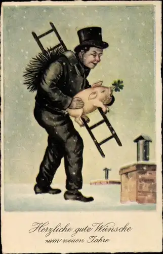 Ak Fröhliches Neujahr, Schornsteinfeger, Schwein, Kleeblatt