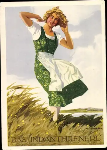 Künstler Ak Indanthren Reklame, Frau in grünem Kleid, Das Indanthrenerl