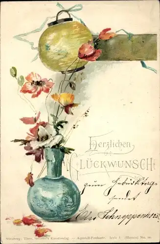 Litho Glückwunsch, Blumenvase, Lampion, Blumen, Kitsch