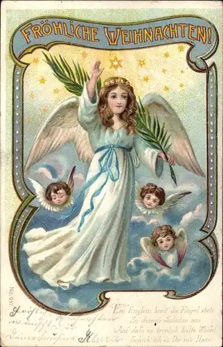 Litho Glückwunsch Weihnachten, Engel, Tannenzweig