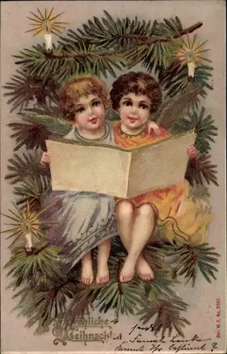 Präge Litho Glückwunsch Weihnachten, Singende Kinder, Tannenzweige