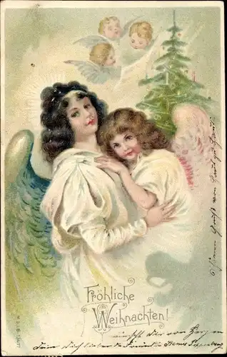 Präge Litho Glückwunsch Weihnachten, Engel, Tannenbaum