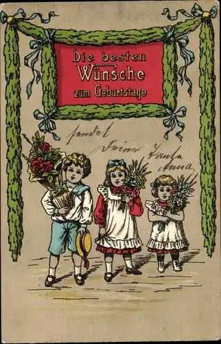 Litho Glückwunsch Geburtstag, Kinder, Gratulanten, Blumen