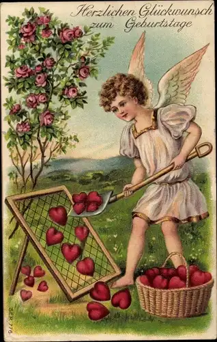 Präge Ak Glückwunsch Geburtstag, Engel, Herzen, Rosen