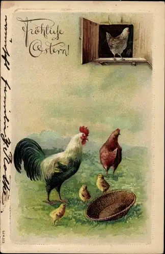 Präge Ak Glückwunsch Ostern, Küken, Hahn, Hühner