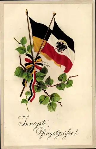 Ak Glückwunsch Pfingsten, Fahnen, Brüderschaft, Laubblätter