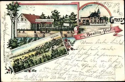 Litho Berlin Zehlendorf Nikolassee, Beelitzhof, Restaurant H. Krüger, Bahnhof Wannsee