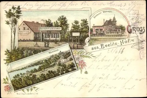 Litho Berlin Zehlendorf Nikolassee, Beelitzhof, Restaurant H. Krüger, Bahnhof Wannsee