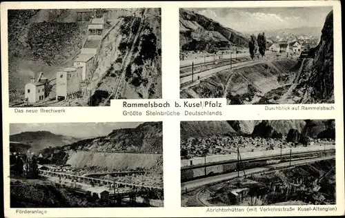 Ak Rammelsbach in der Pfalz, Steinbrüche, neues Brechwerk, Förderanlage, Abrichterhütten