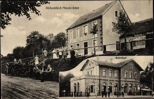 Ak Neubrücke an der Nahe Hoppstädten Weiersbach, Bahnhof Birkenfeld Neubrücke, Gasthaus Dindorf