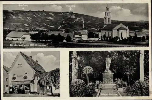 Ak Gau Bickelheim in Rheinhessen, Panorama, Kirche, Goldberg, Wiesberg, Drogerie, Kriegerdenkmal