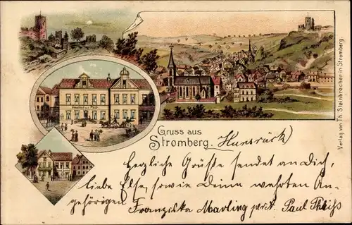 Litho Stromberg im Hunsrück, Gesamtansicht, Kirche, Gasthof zur Post