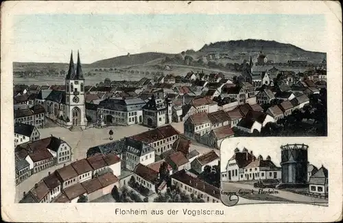 Ak Flonheim in Rheinhessen, Gesamtansicht, Kirche, Gaswerk