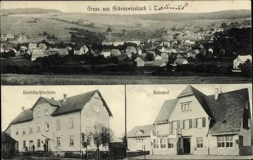 Ak Grävenwiesbach im Taunus, Panorama, Korbflechtschule, Bahnhof