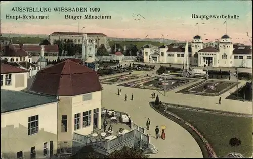 Ak Wiesbaden in Hessen, Ausstellung 1909, Hauptrestaurant, Binger Mäuserurm, Hauptgewerbehalle