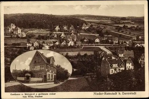 Ak Nieder Ramstadt Mühltal im Odenwald, Gesamtansicht, Gasthaus zum goldenen Anker, Metzgerei