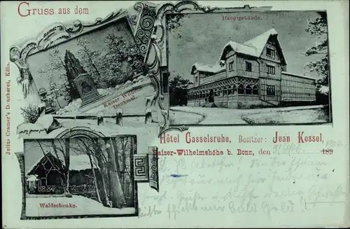 Mondschein Ak Venusberg Bonn am Rhein, Hotel Casselsruhe, Kaiser Wilhelmshöhe, Denkmal, Waldschenke