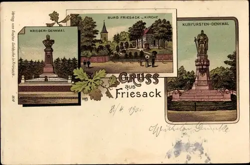 Litho Friesack in der Mark, Kurfürstendenkmal, Burg, Kirche, Kriegerdenkmal