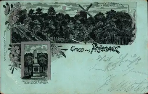 Mondschein Litho Friesack, Stadtpark, Schurre, Mühle, Denkstein, Denkmal Prinz Friedrich Karl