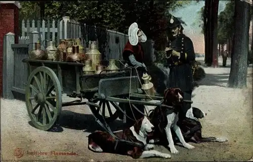 Ak Laitière Flamande, Flämisches Milchmädchen, Hundekarren, Polizist
