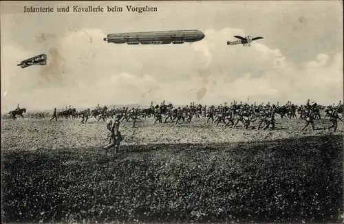 Ak Infanterie und Kavallerie beim Vorgehen, Zeppelin, Kaiserzeit